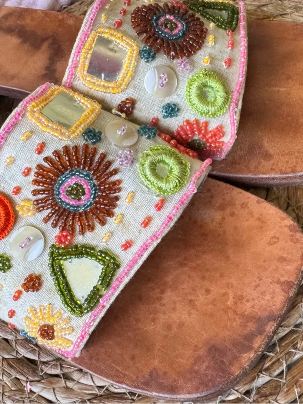 Embroidered Beaded Slide Sandals - Multicolor- boho, leather soles. - Picture 5 of 5